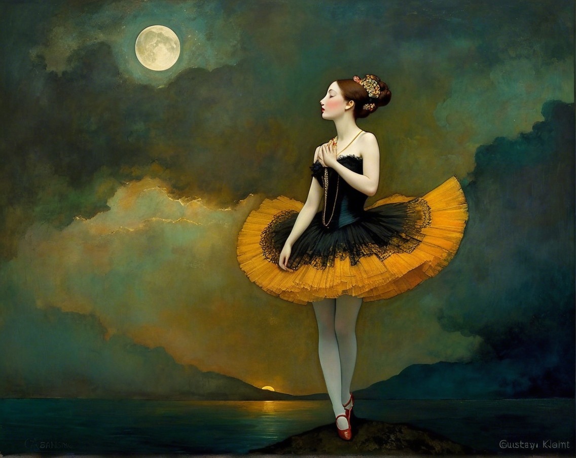 Ballerina in Black and Orange Tutu Against Moonlit Sky