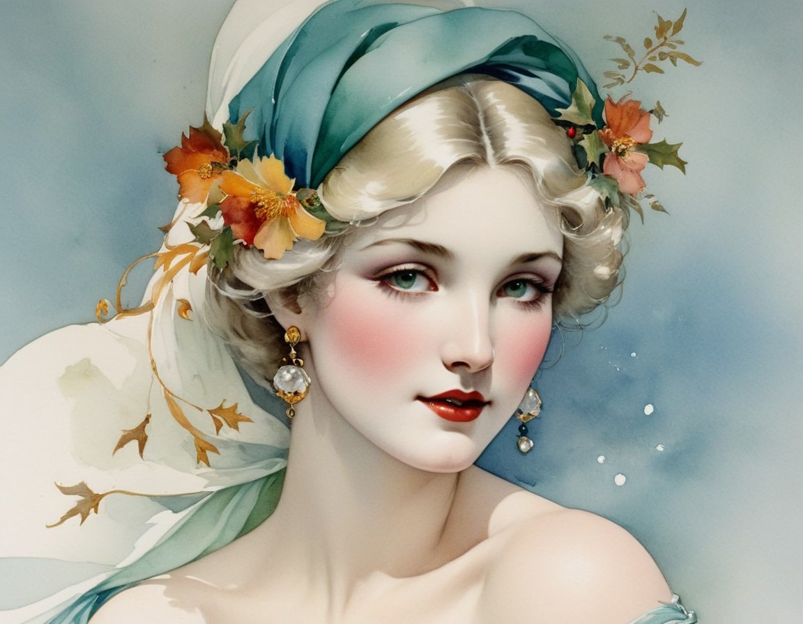 Illustration of woman with fair skin in turquoise headscarf and pearl earrings