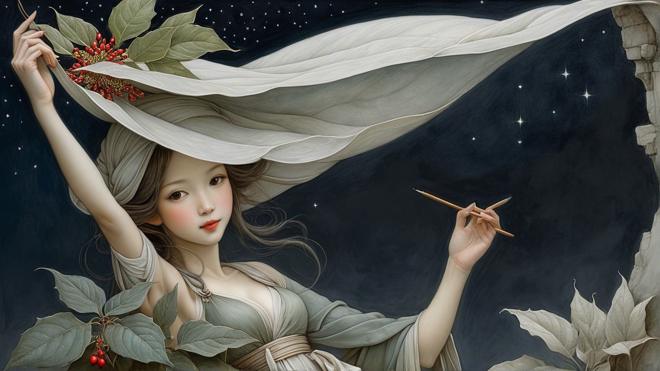 Serene Woman with Paintbrush Against Starry Night Sky