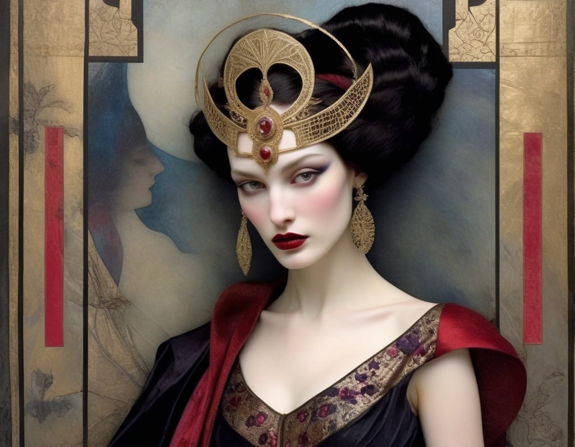 Stylized portrait of a woman with crown and dramatic makeup
