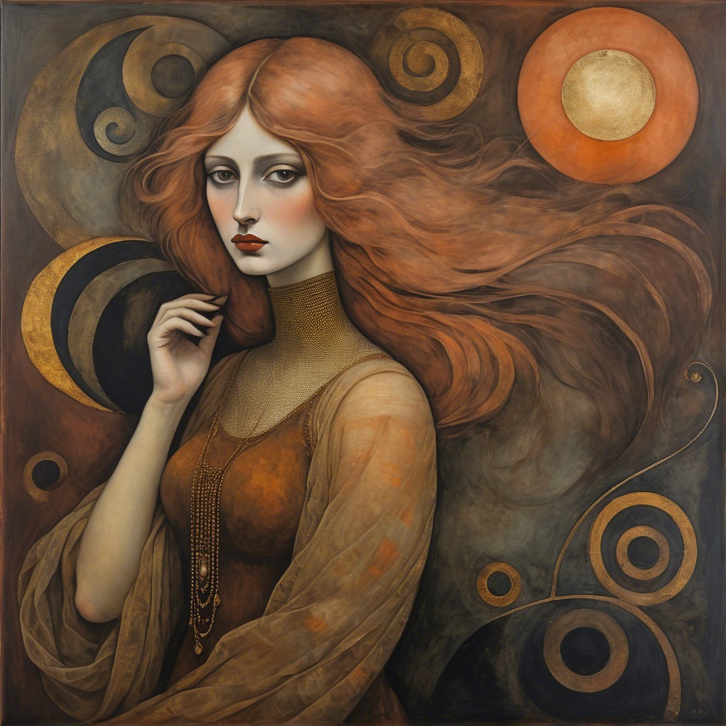 Serene Woman with Red Hair in Celestial Artwork