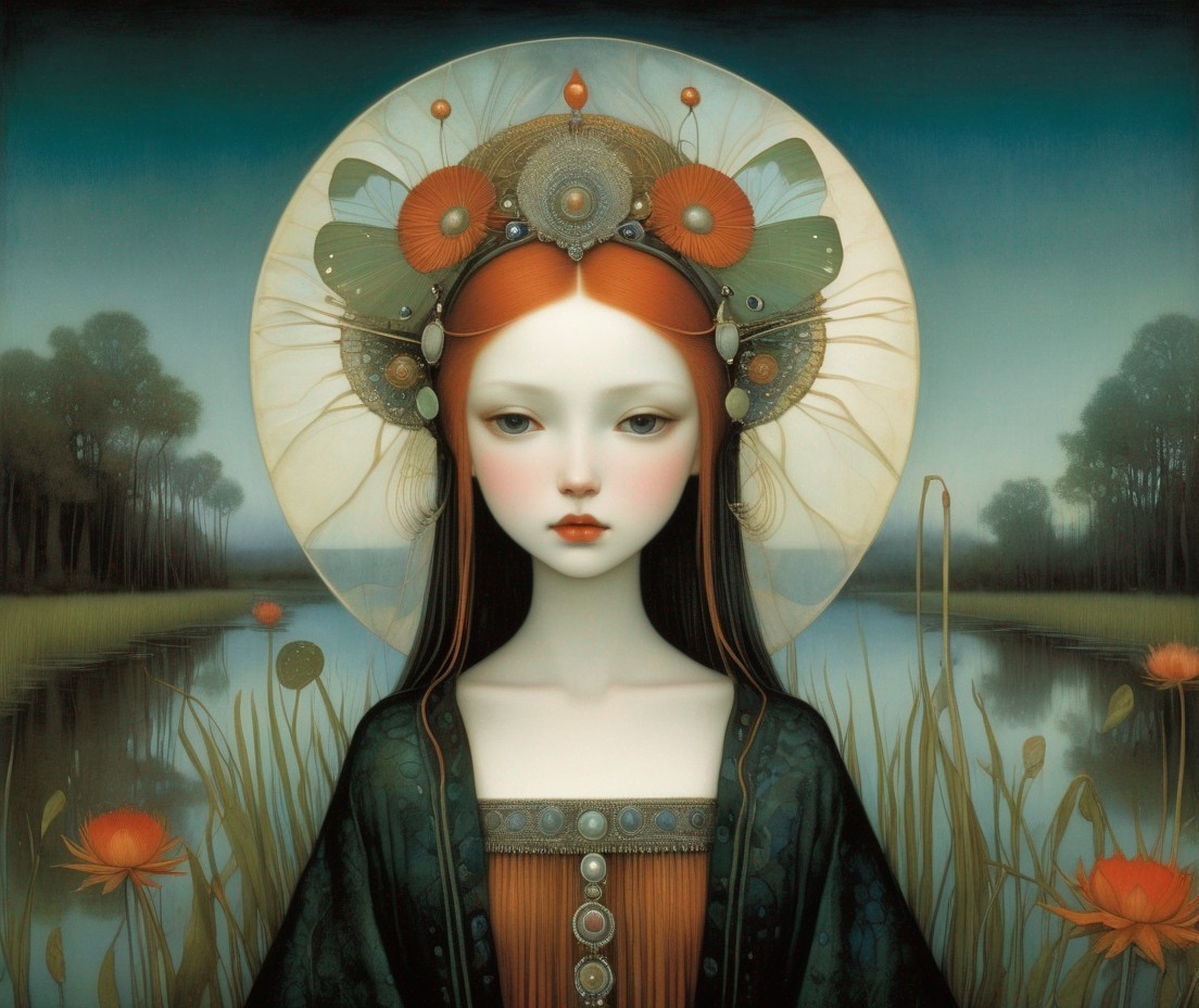 Pale female figure with halo in marshland setting