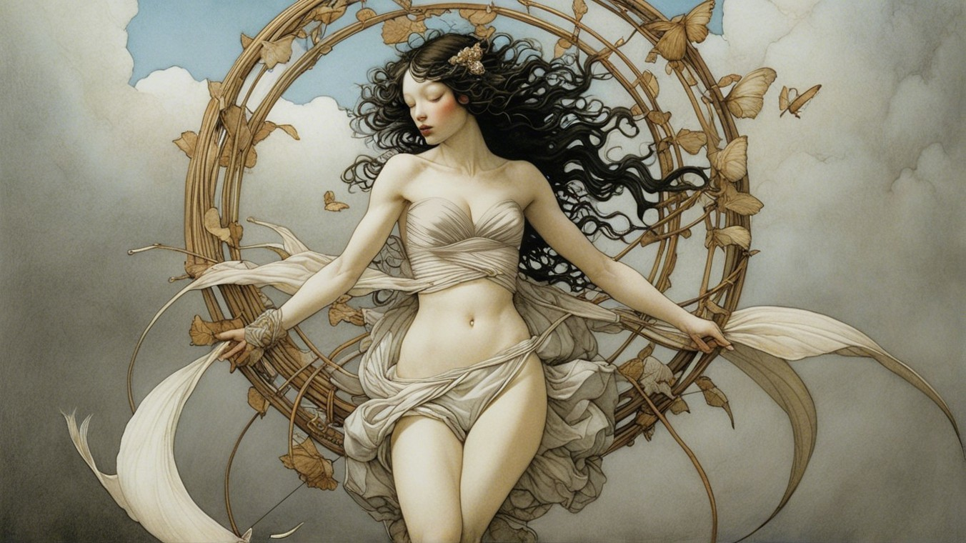 Ethereal Woman Surrounded by Butterflies and Clouds