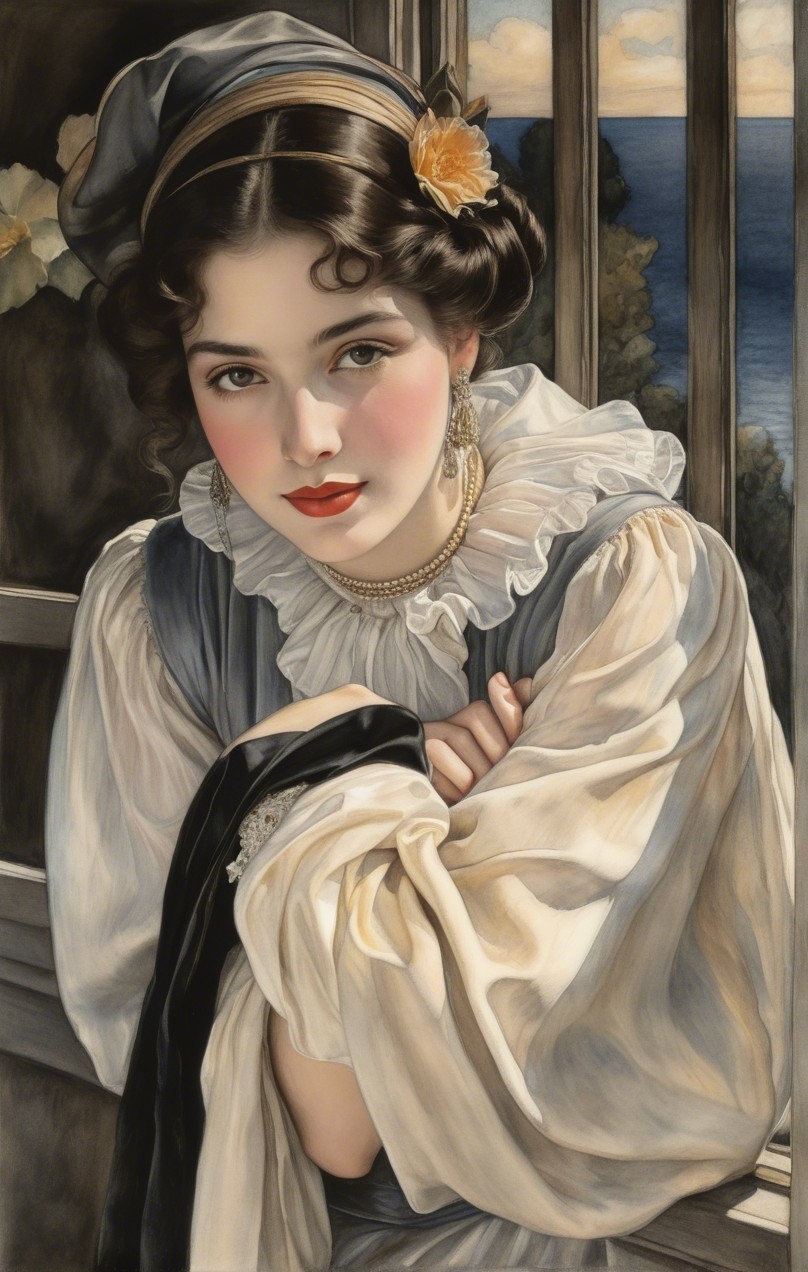 Young woman with delicate features in serene landscape