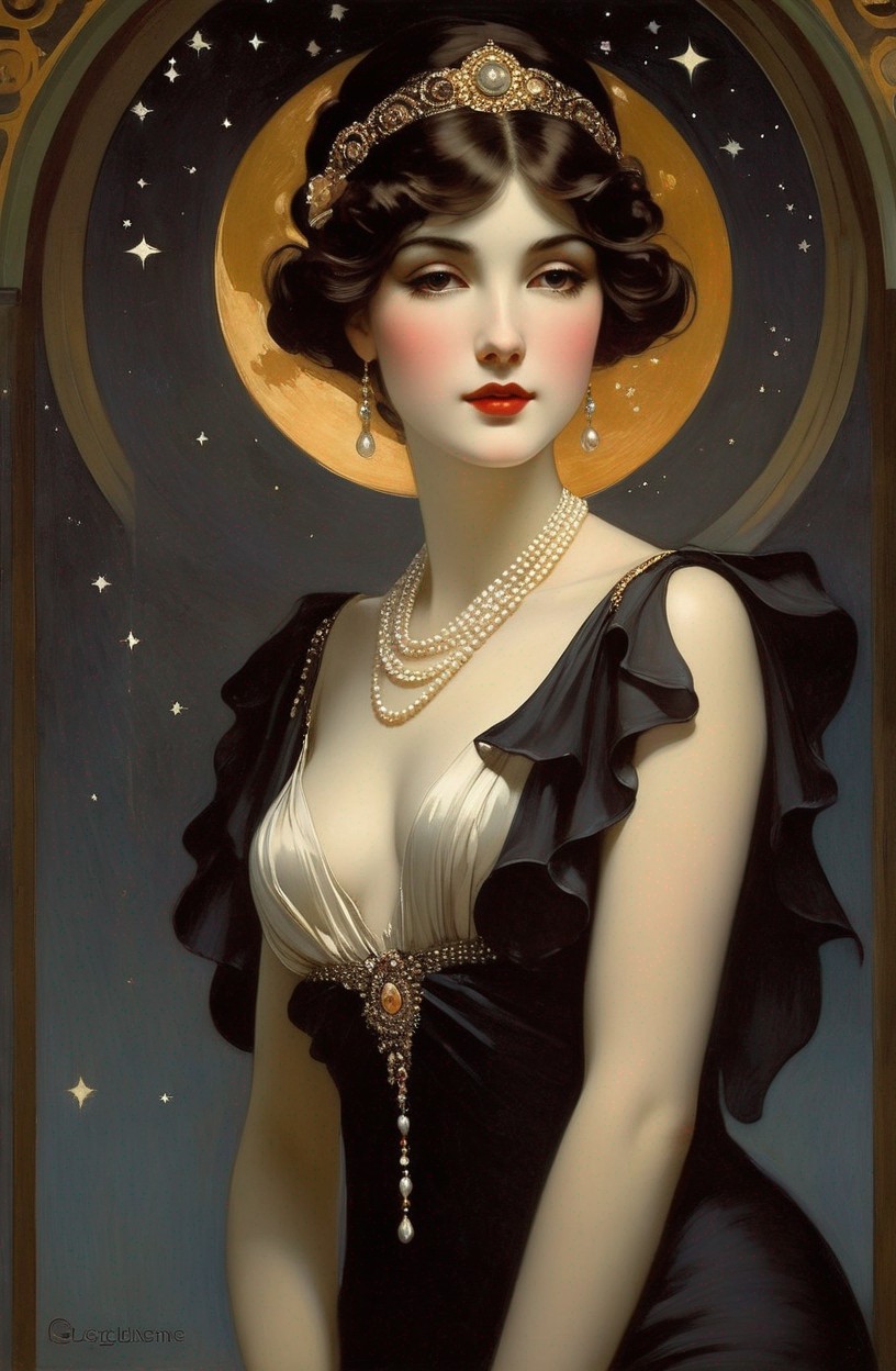 Elegant Woman in Vintage Gown Under Moonlight