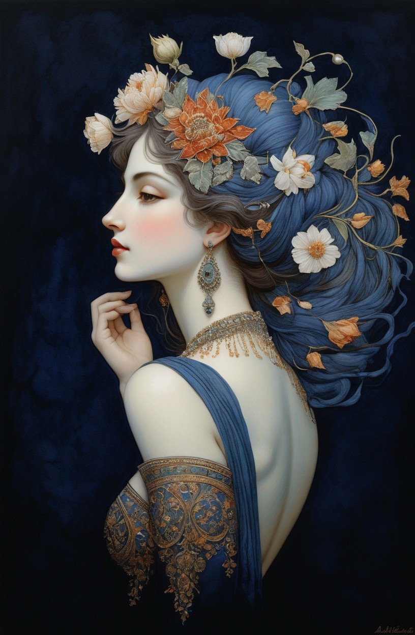 Illustration of a woman with blue hair and flowers