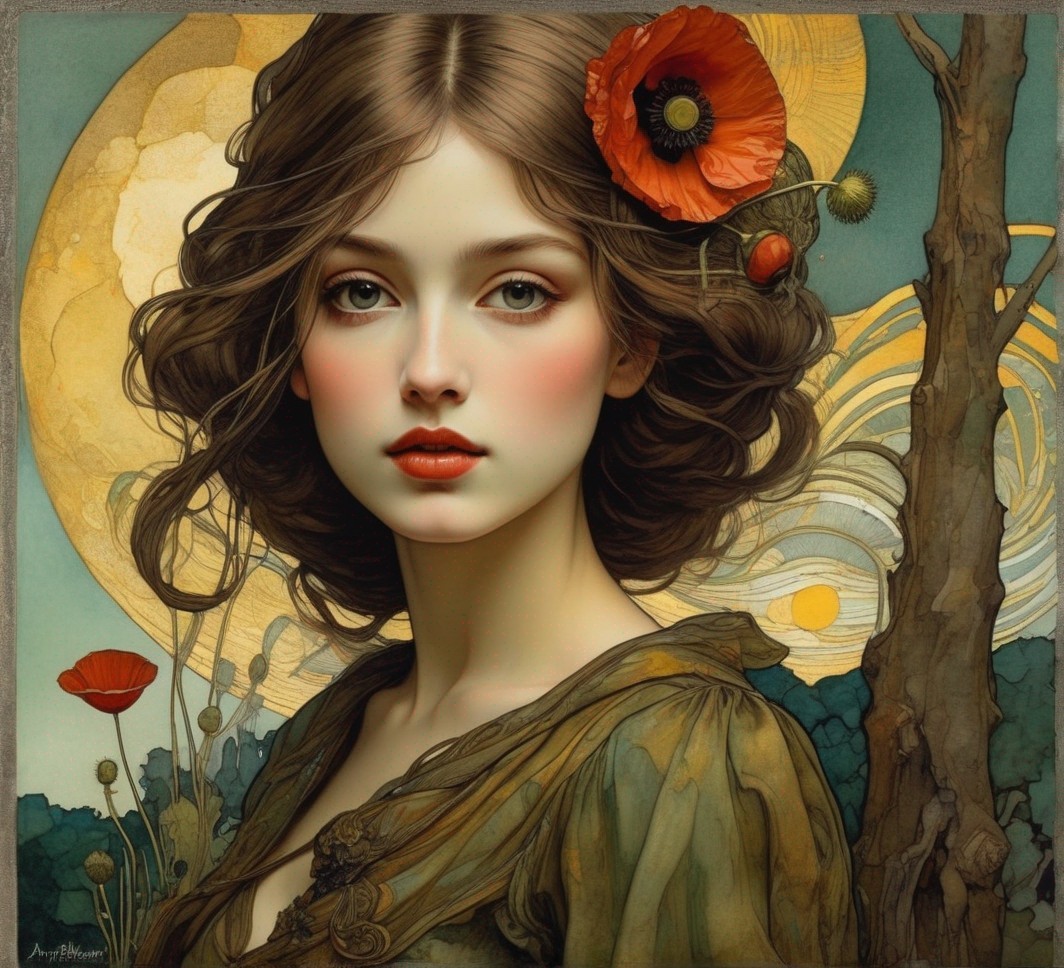 Illustrated Art Nouveau portrait of a young woman with expressive eyes and poppy flower in hair