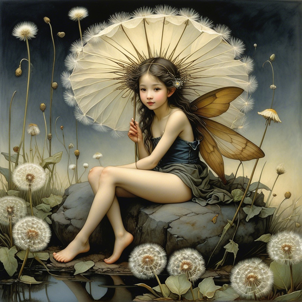 Fairy on a Rock with Parasol and Dandelions