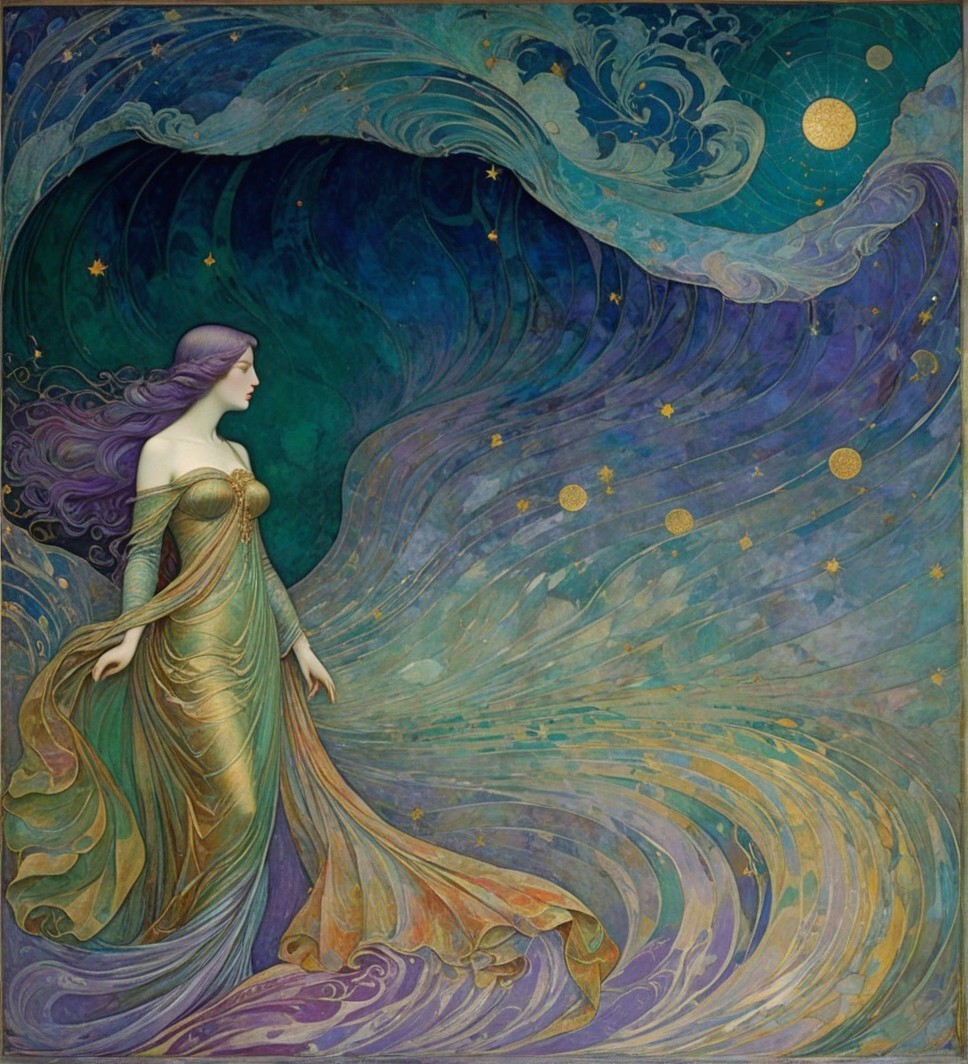 Mystical Woman in Shimmering Garments Under Starry Sky