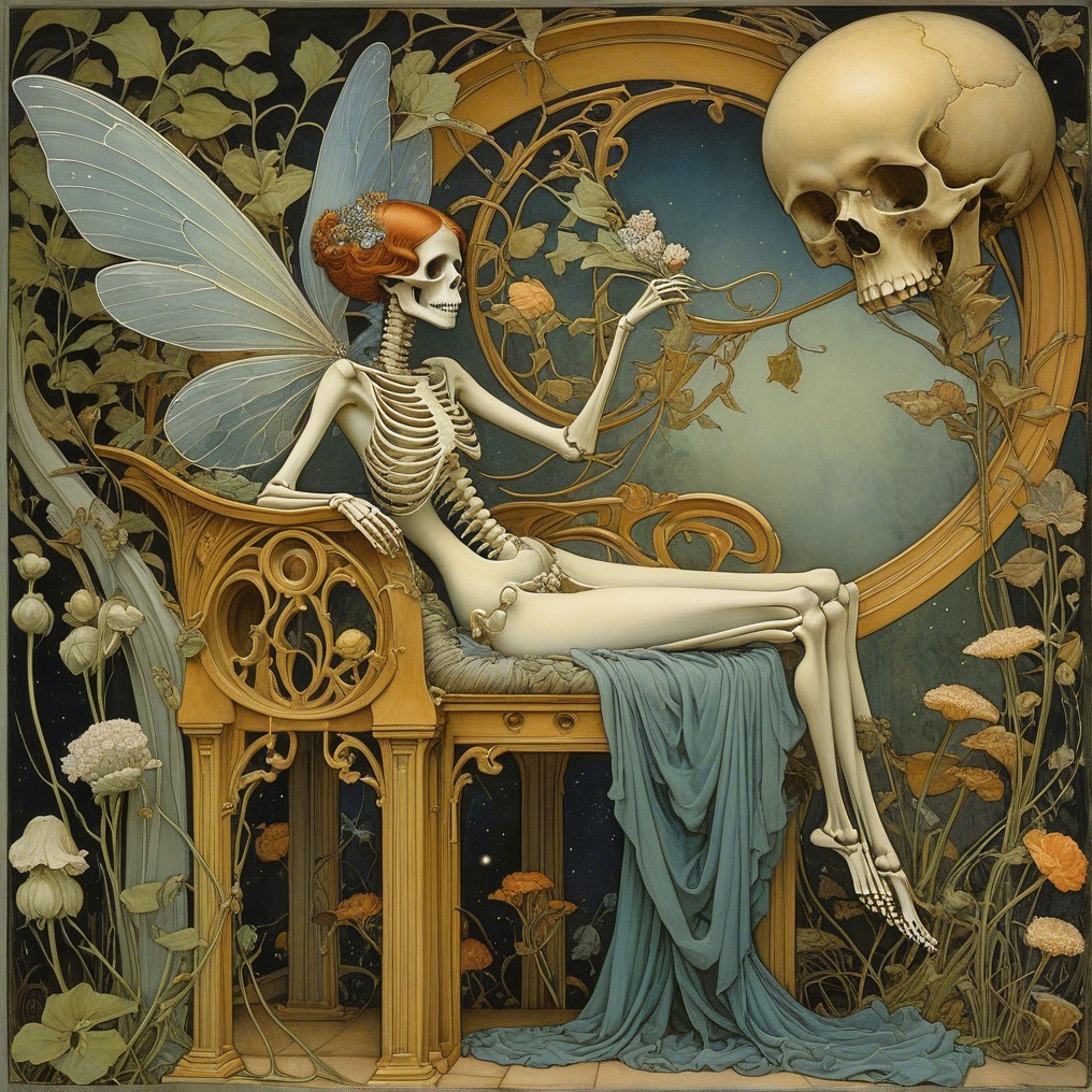 Whimsical Skeletal Figure with Translucent Wings
