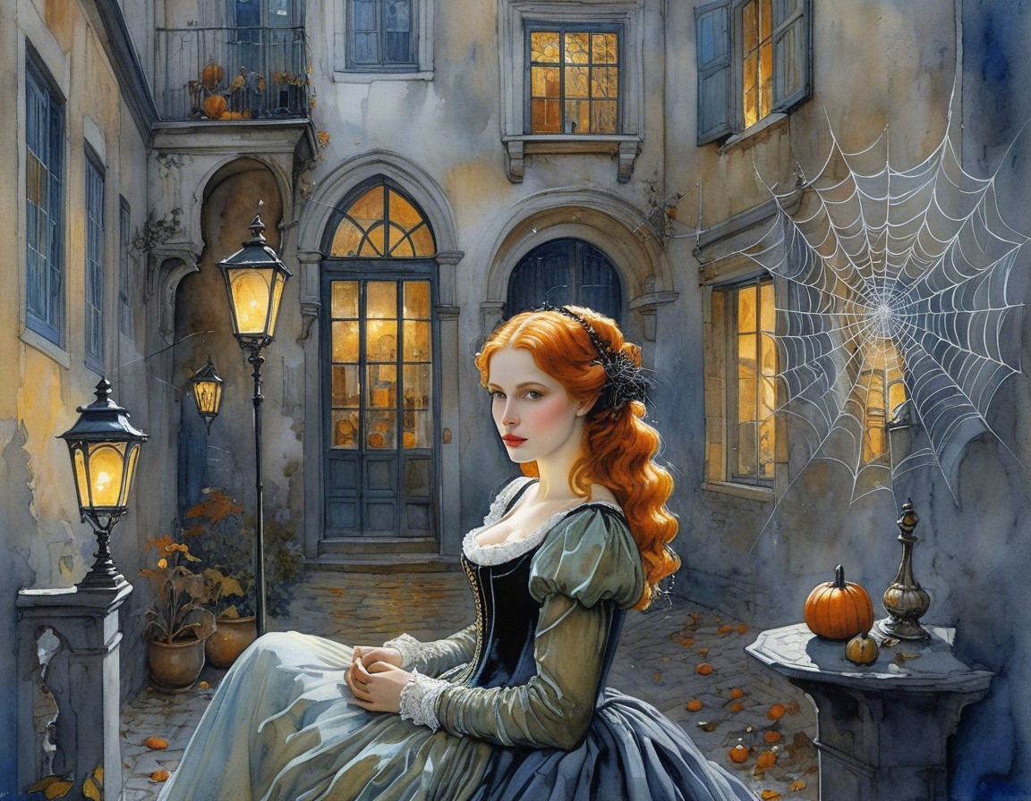 Young Woman in Vintage Dress in Autumn Courtyard
