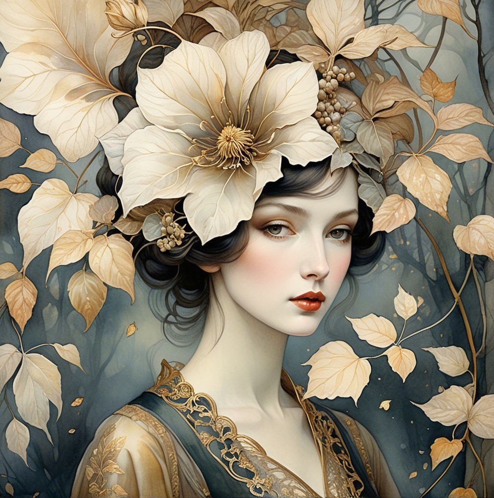 Serene Portrait of Woman with Flower and Leaves