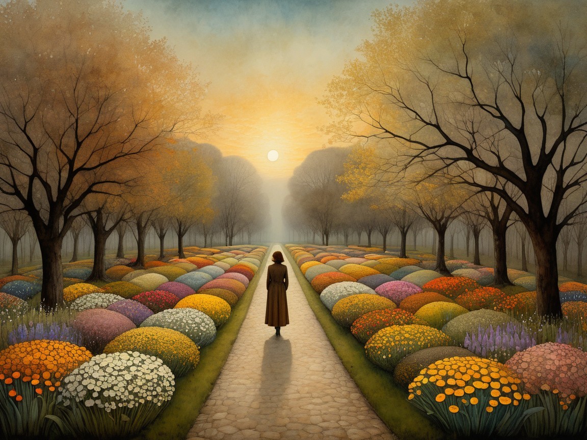 Serene Pathway Through Vibrant Garden at Sunrise