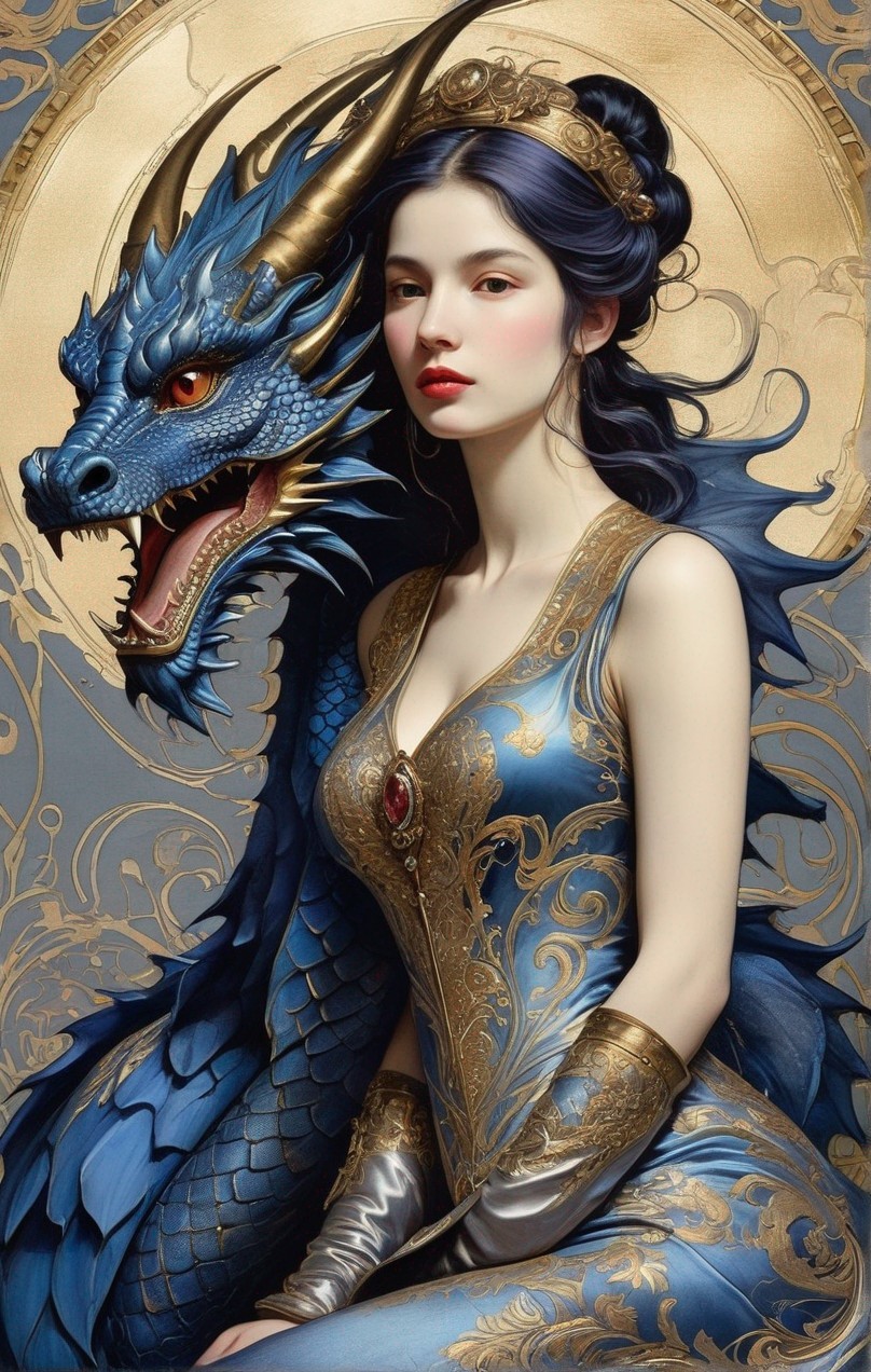 Illustration of fair-skinned woman in blue and gold dress with dark hair and blue dragon on golden