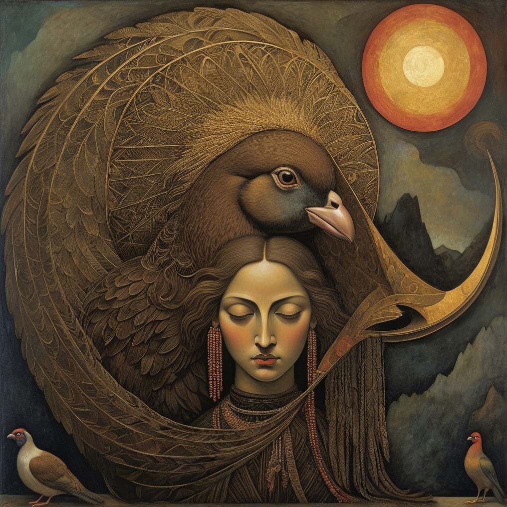 Serene Woman with Bird Head and Earthy Landscape