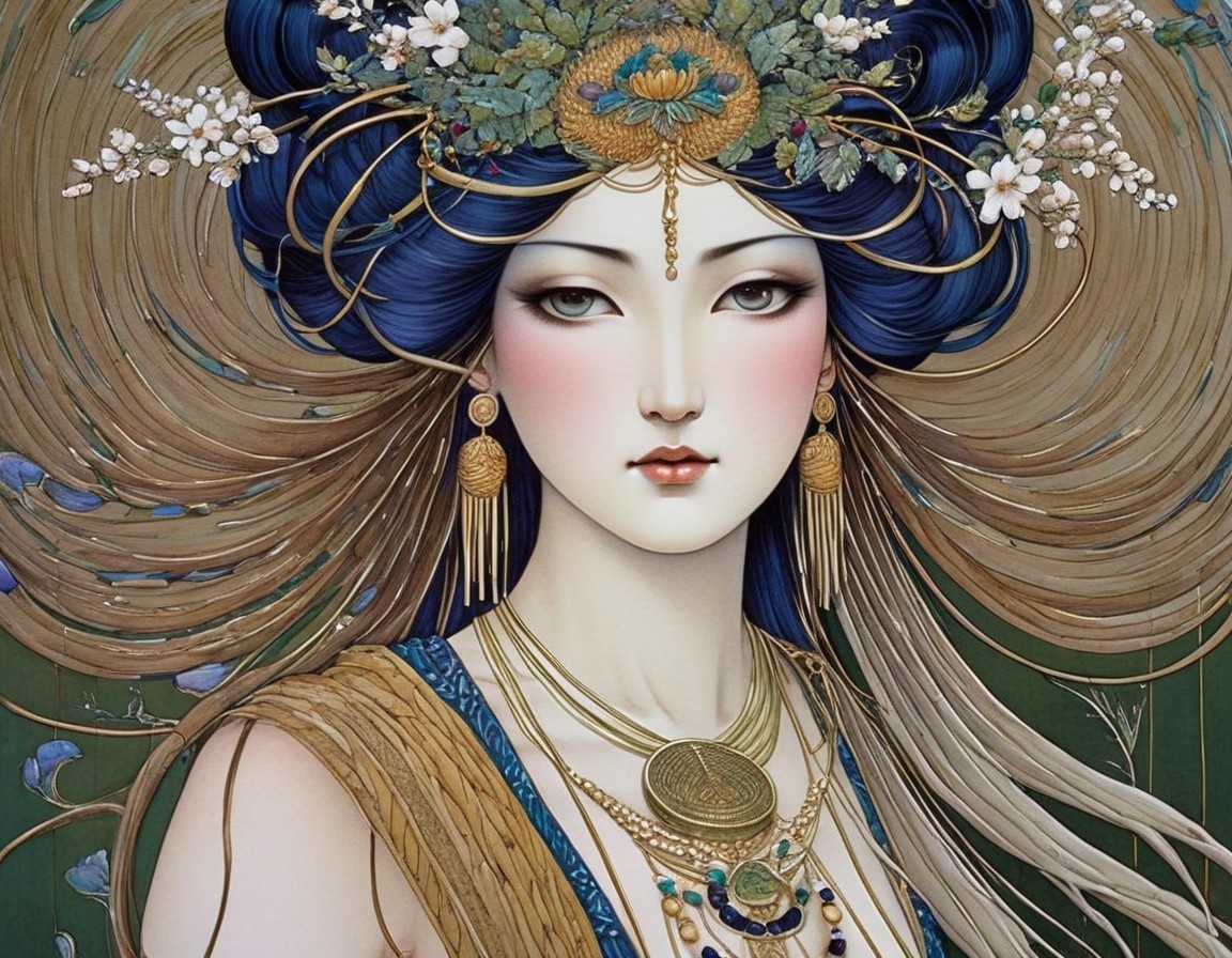 Illustrated portrait of a woman with blue hair and flowers
