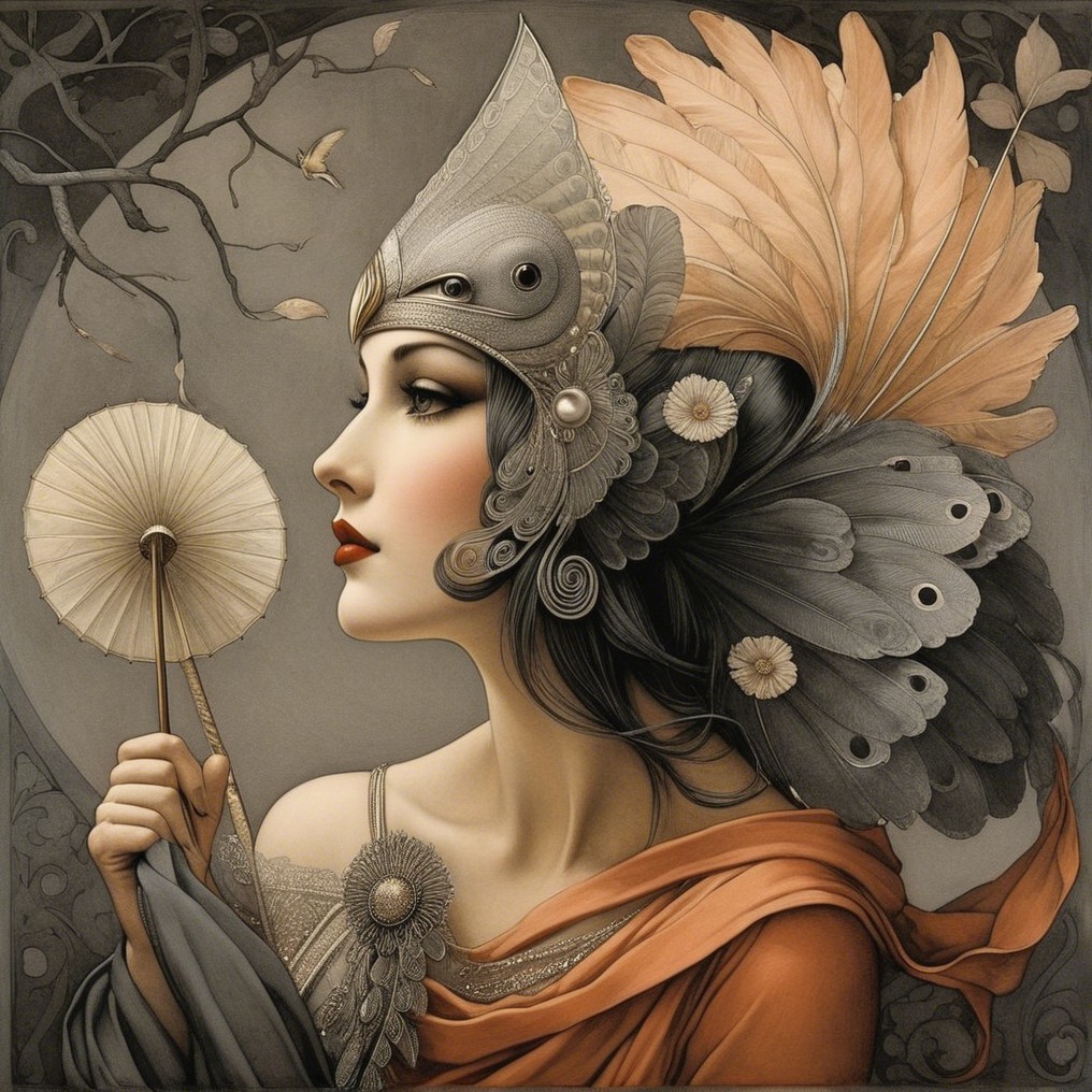 Profile of a Woman with Metallic Headpiece and Fan