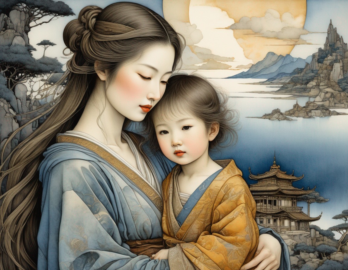 Illustration of Woman in Traditional Attire with Child
