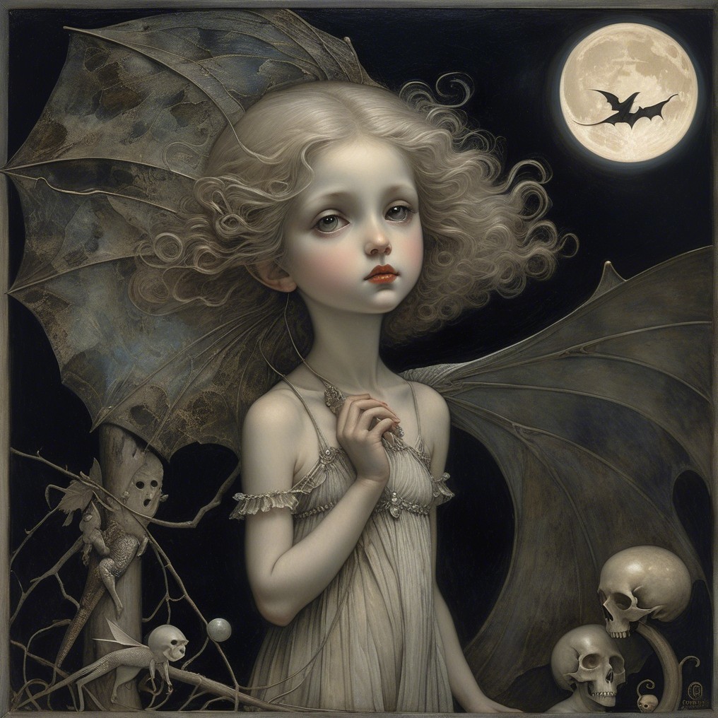 Ethereal Girl with Umbrella Under Full Moon Scene