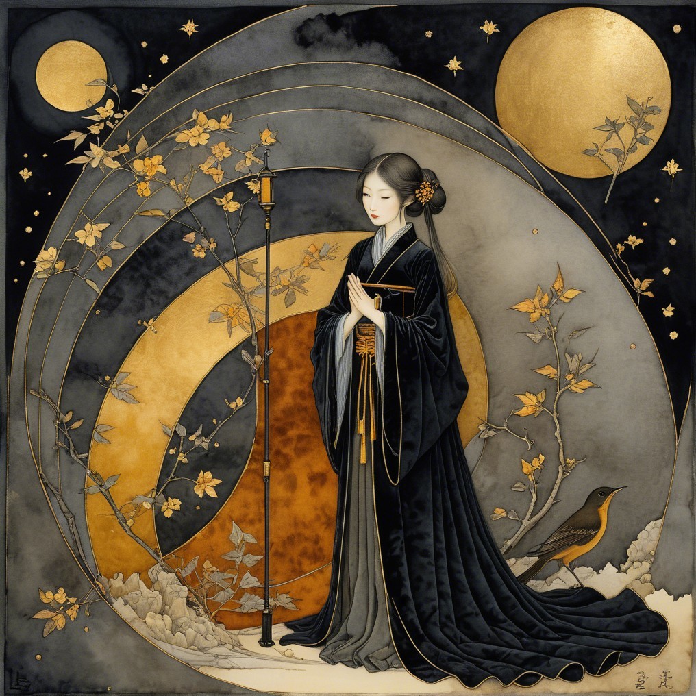 Serene Woman in Black Kimono with Golden Moons and Blossoms
