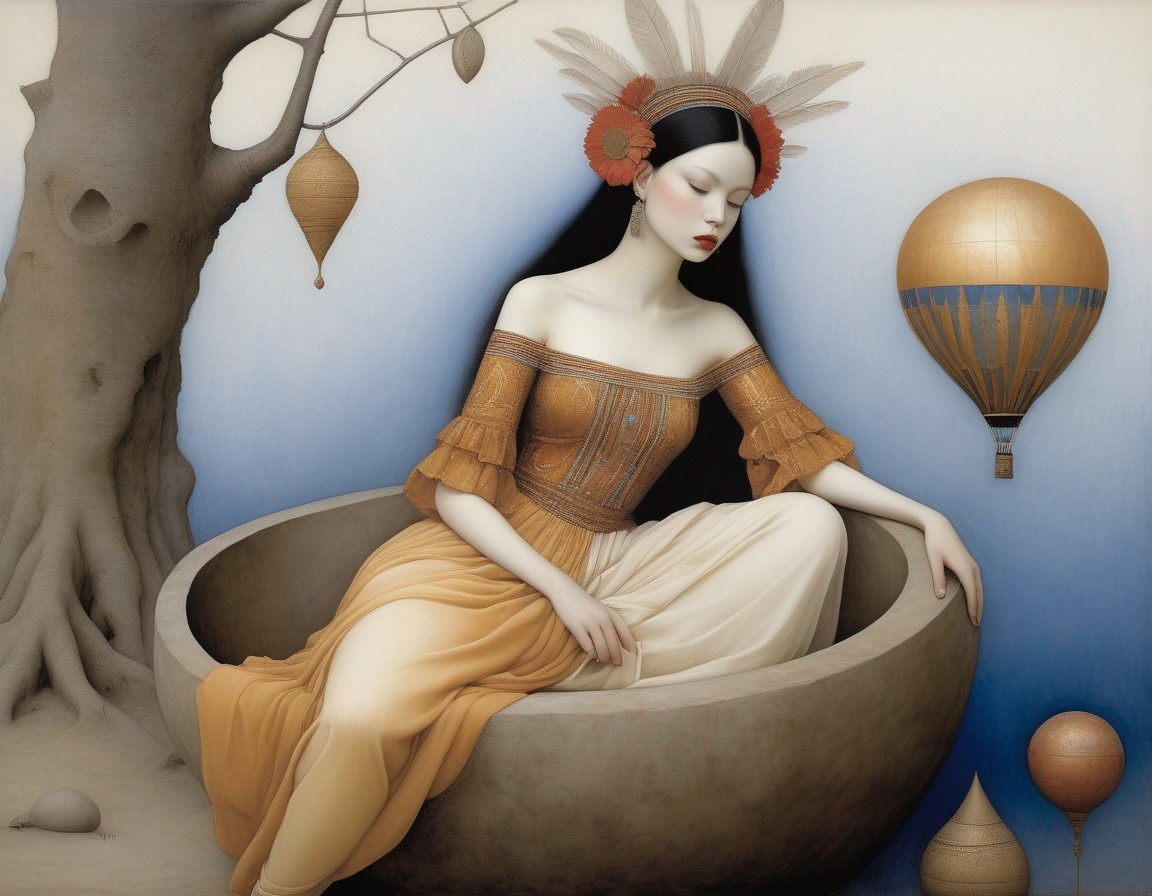 Stylized woman in elegant, earthy attire sits in surreal setting with tree and hot air balloon