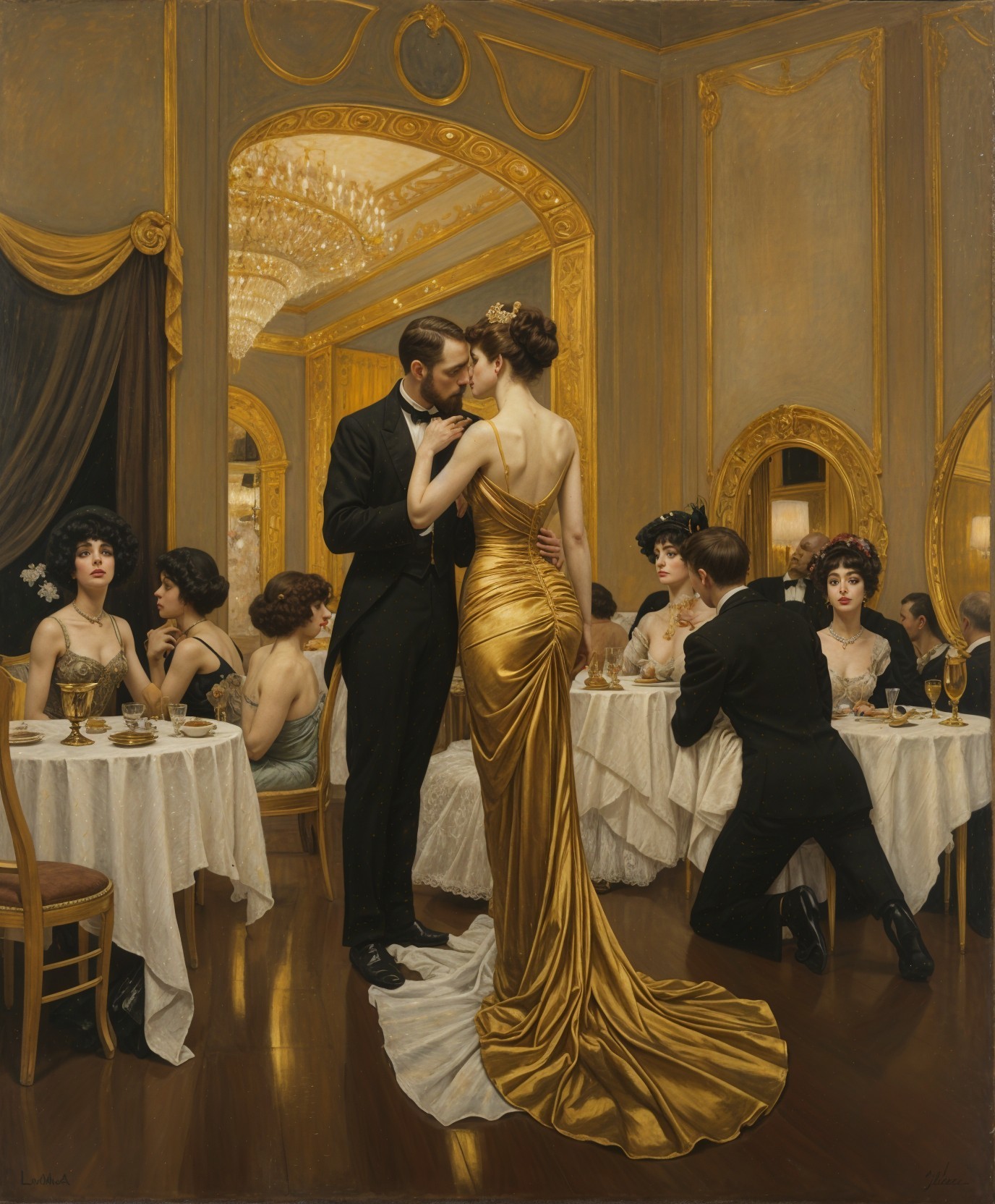 Elegant Ballroom Scene with Glamorous Couple