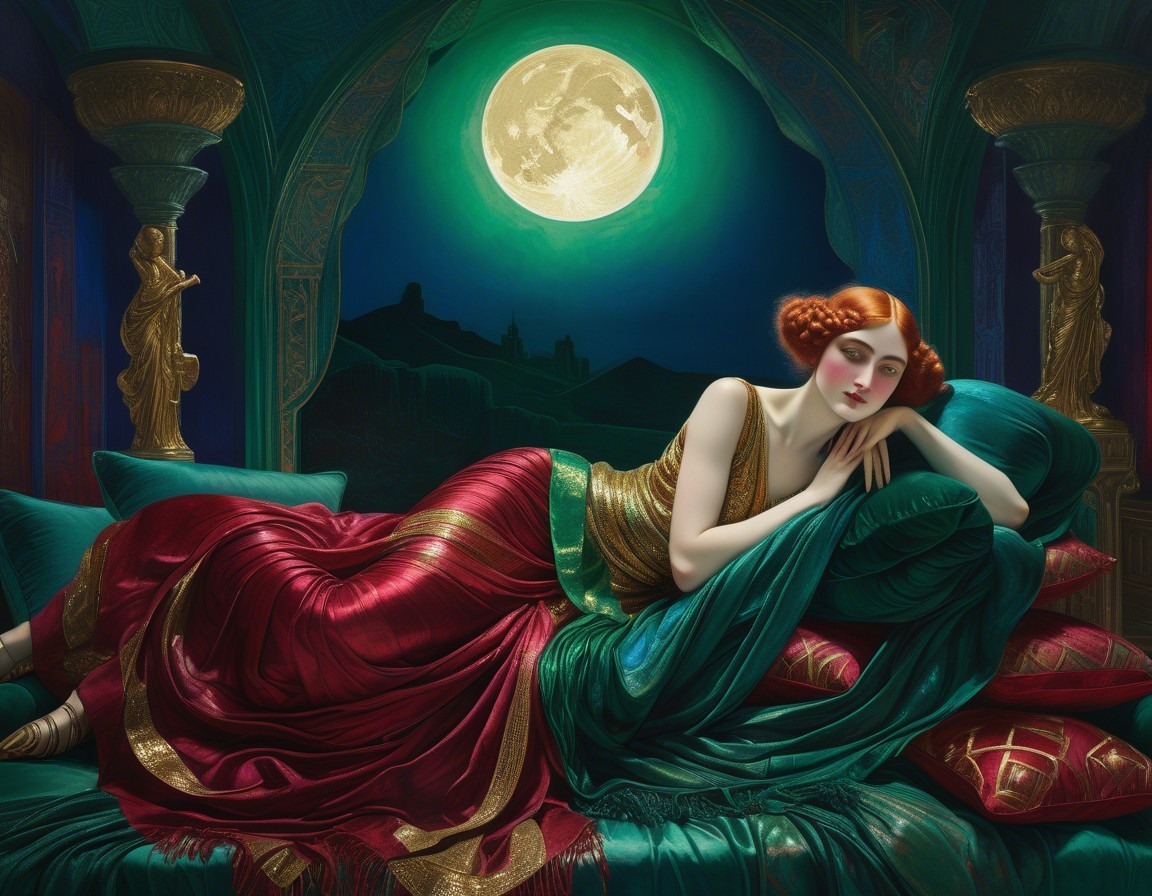 Serene Woman Reclining with Colorful Cushions and Moon
