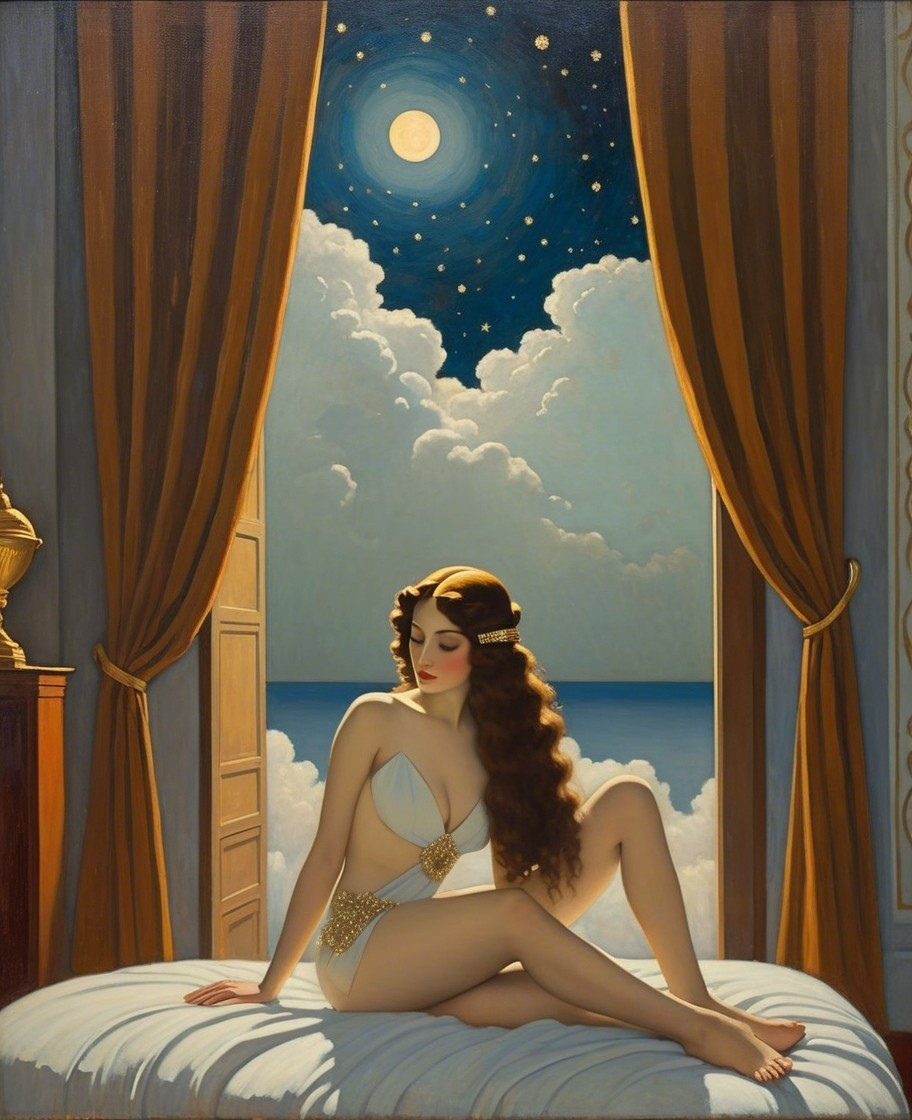 Serene Woman in Elegant White Outfit by Moonlit Window