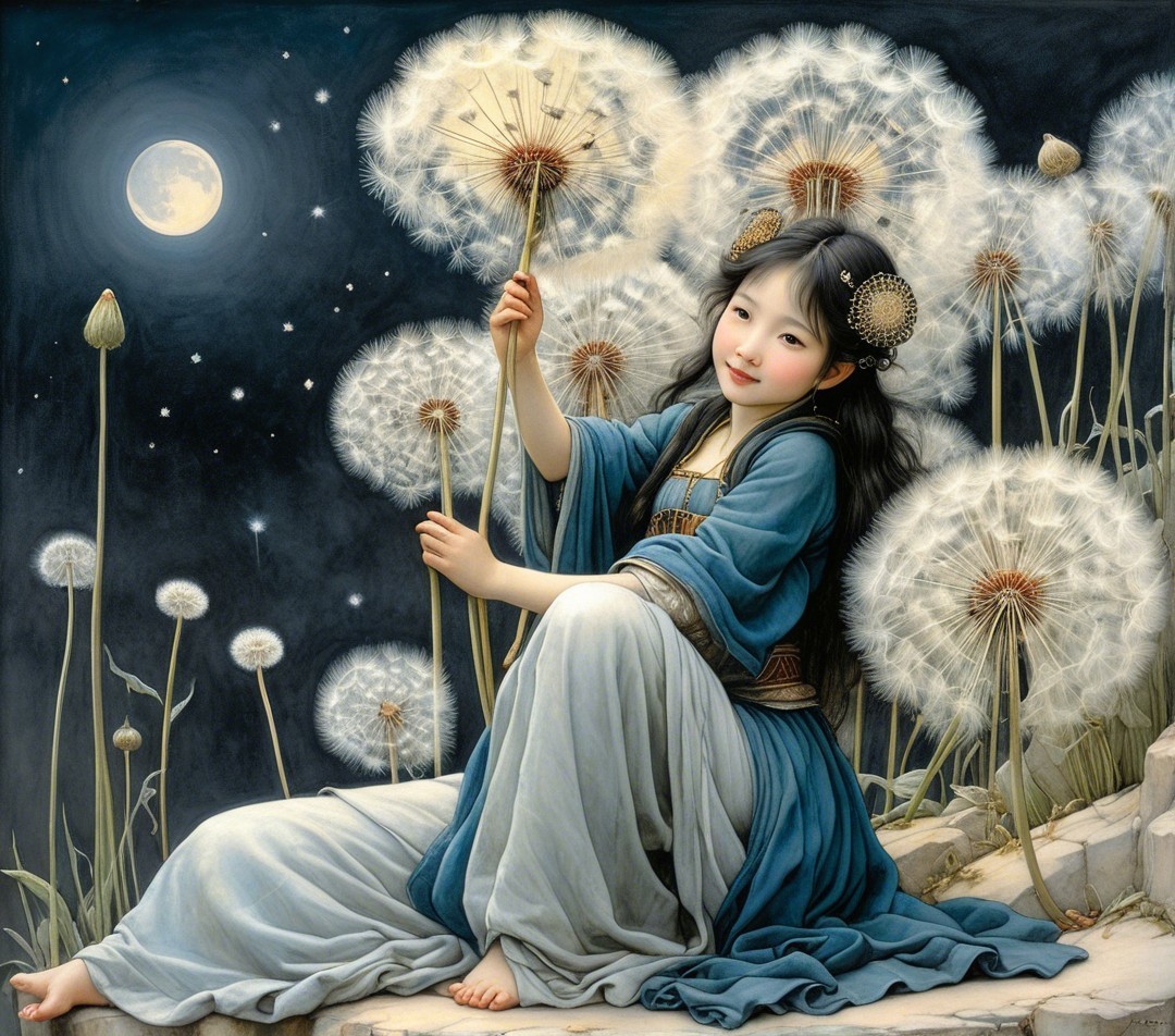 Serene Night Scene with Girl and Dandelion Puffballs