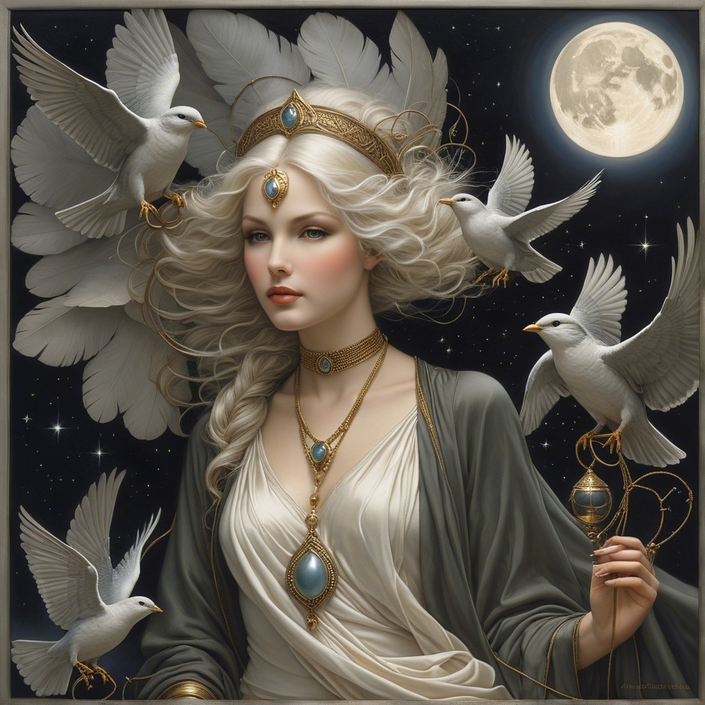 Ethereal Woman with Silver Hair Surrounded by Doves