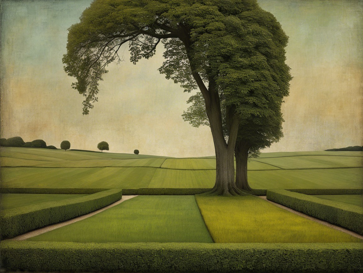 Lush Tree in Serene Landscape with Gentle Hills