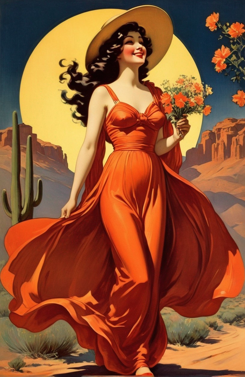 Vintage Scene of Woman in Red Dress in Desert Landscape