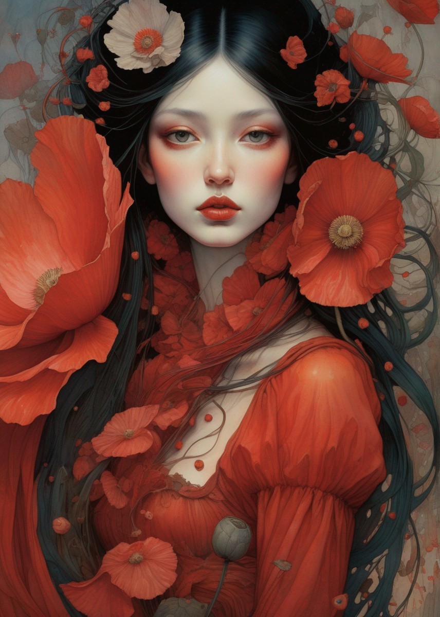 Portrait of Woman with Pale Skin and Dark Hair Surrounded by Red Poppies