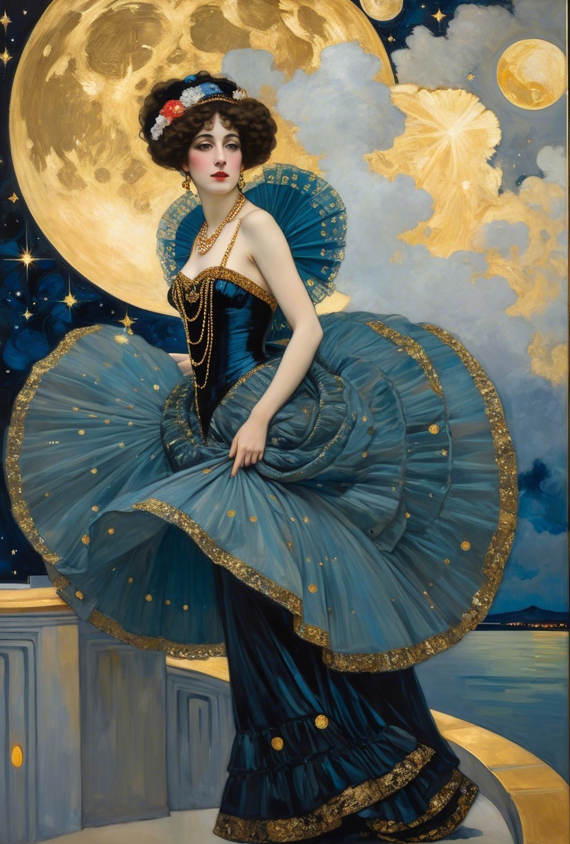 Glamorous Woman in Blue Gown with Night Sky Background