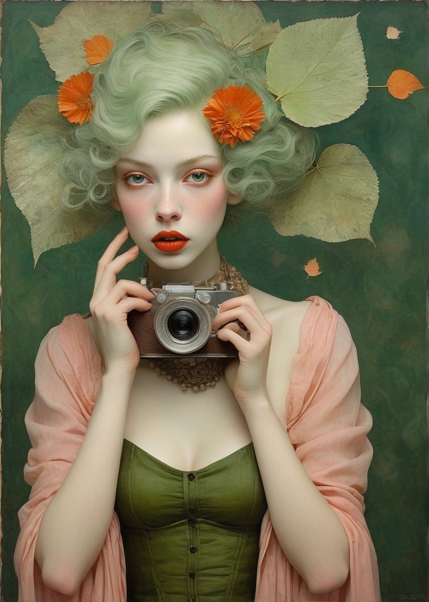 Pale-Skinned Woman with Green Hair and Vintage Camera in Floral Setting
