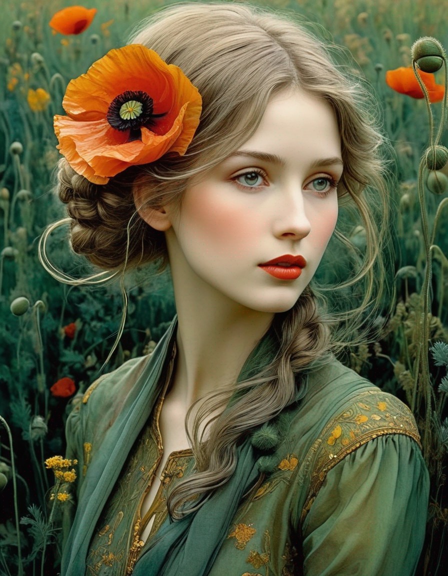 Young woman with braided hair and red poppy in green dress among wildflowers