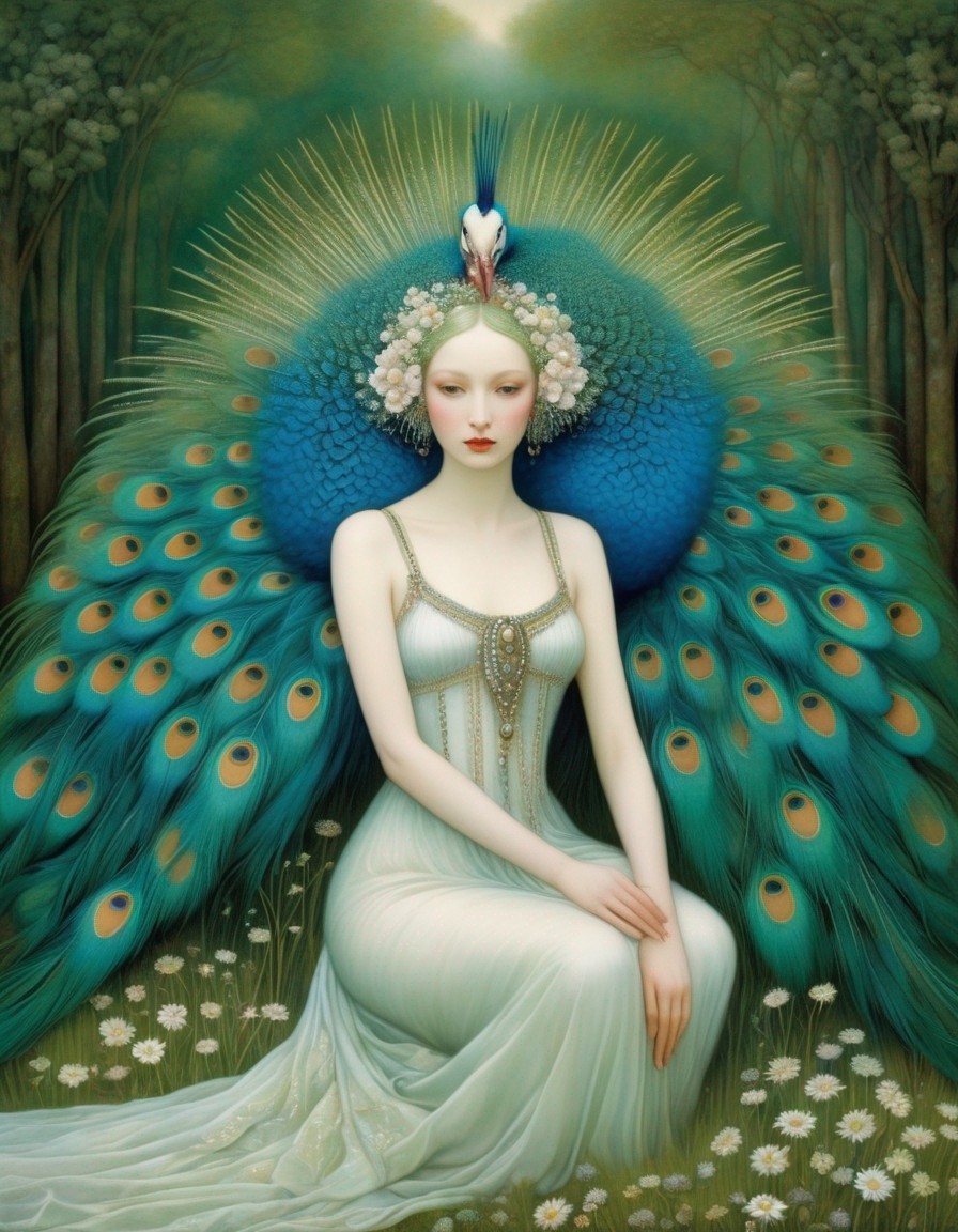 Illustration of woman with peacock plumage in floral setting