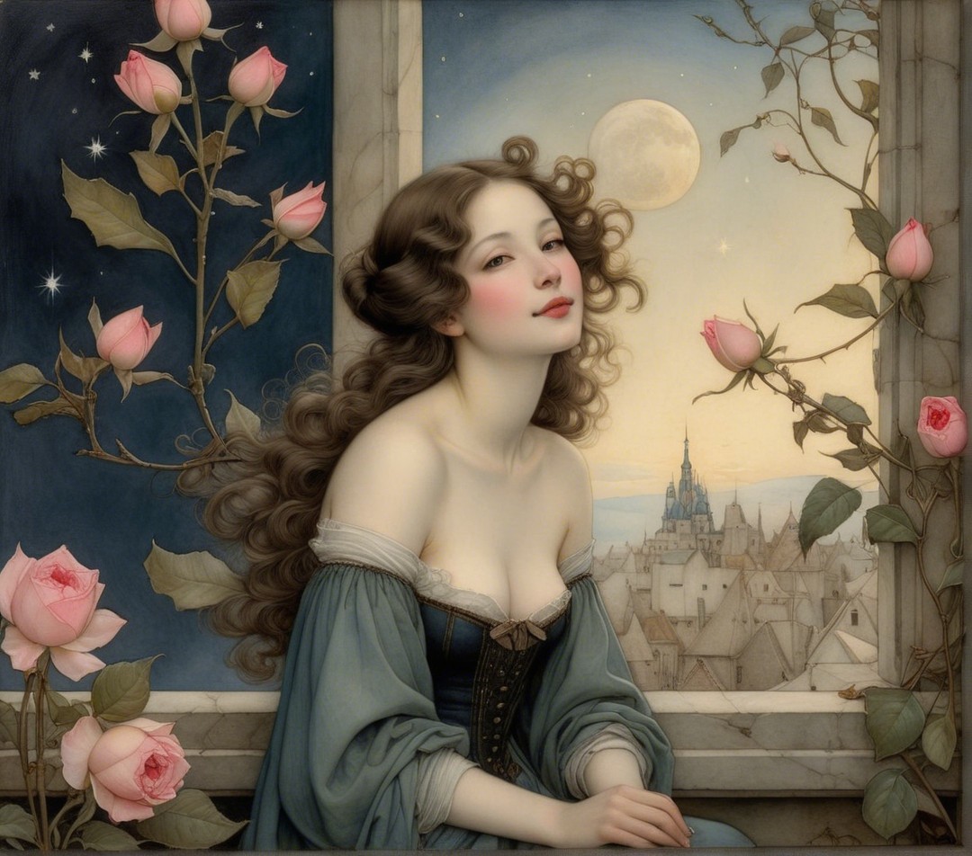 Young Woman at Window with Pink Roses and Moonlight