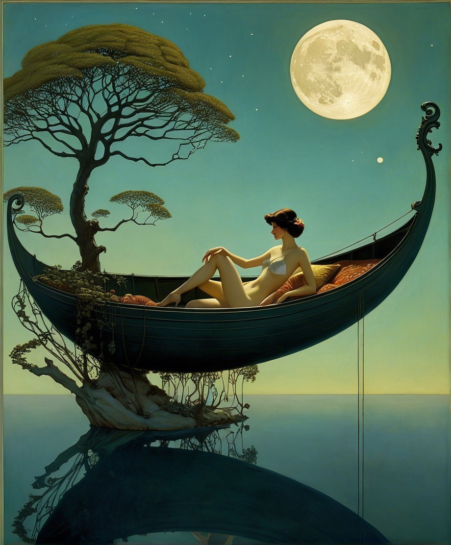 Serene Night Scene of a Woman in a Boat Under Moonlight