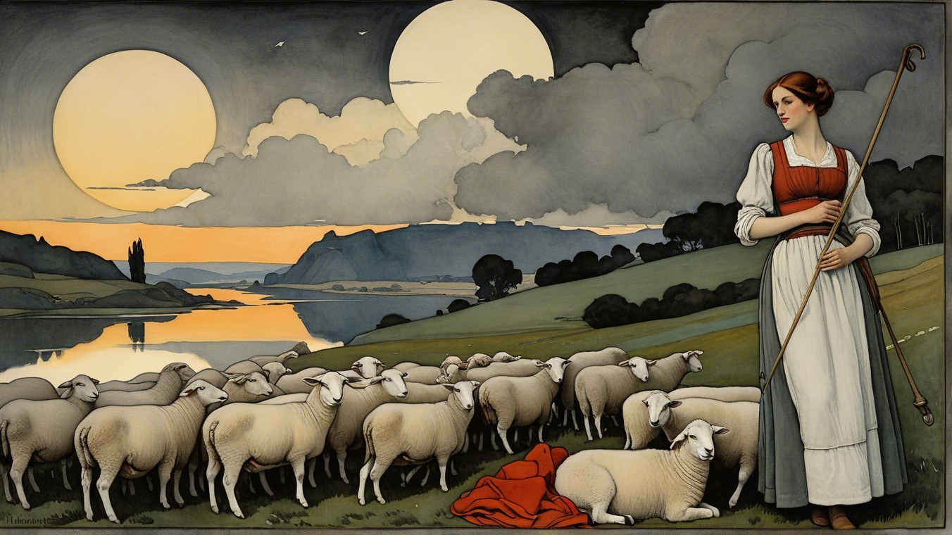 Shepherdess in Traditional Attire Amidst a Twilight Landscape