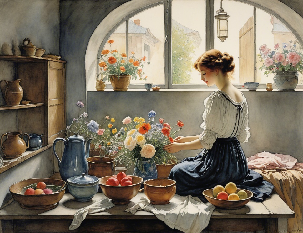 Young Woman Arranging Flowers in Sunlit Room