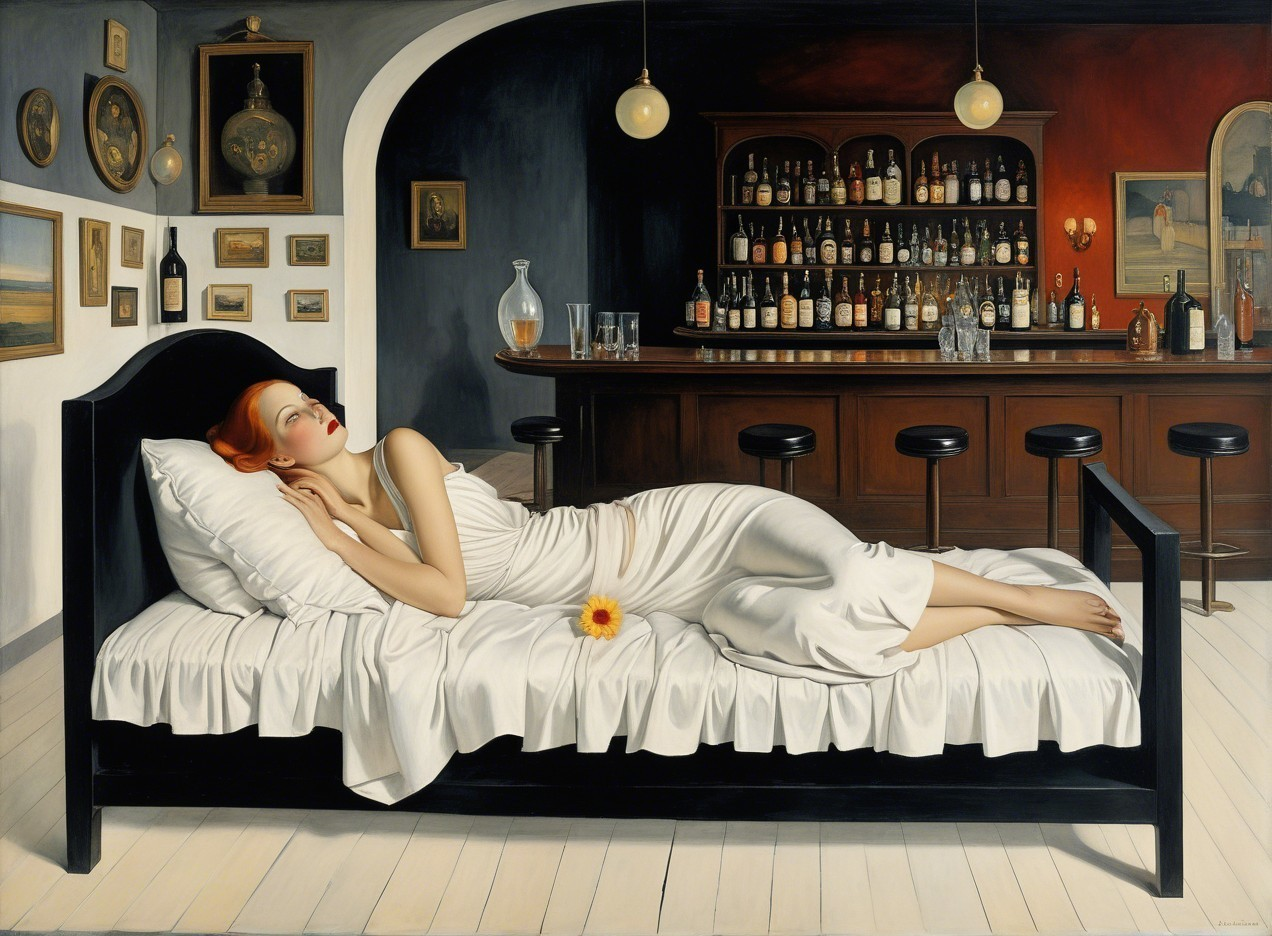 Ginger Woman in White Dress on Bed with Yellow Flower