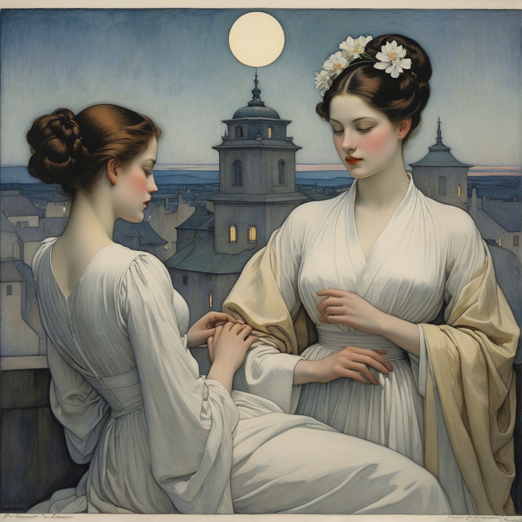 Ethereal Women in Twilight Setting with Moonlit Rooftops