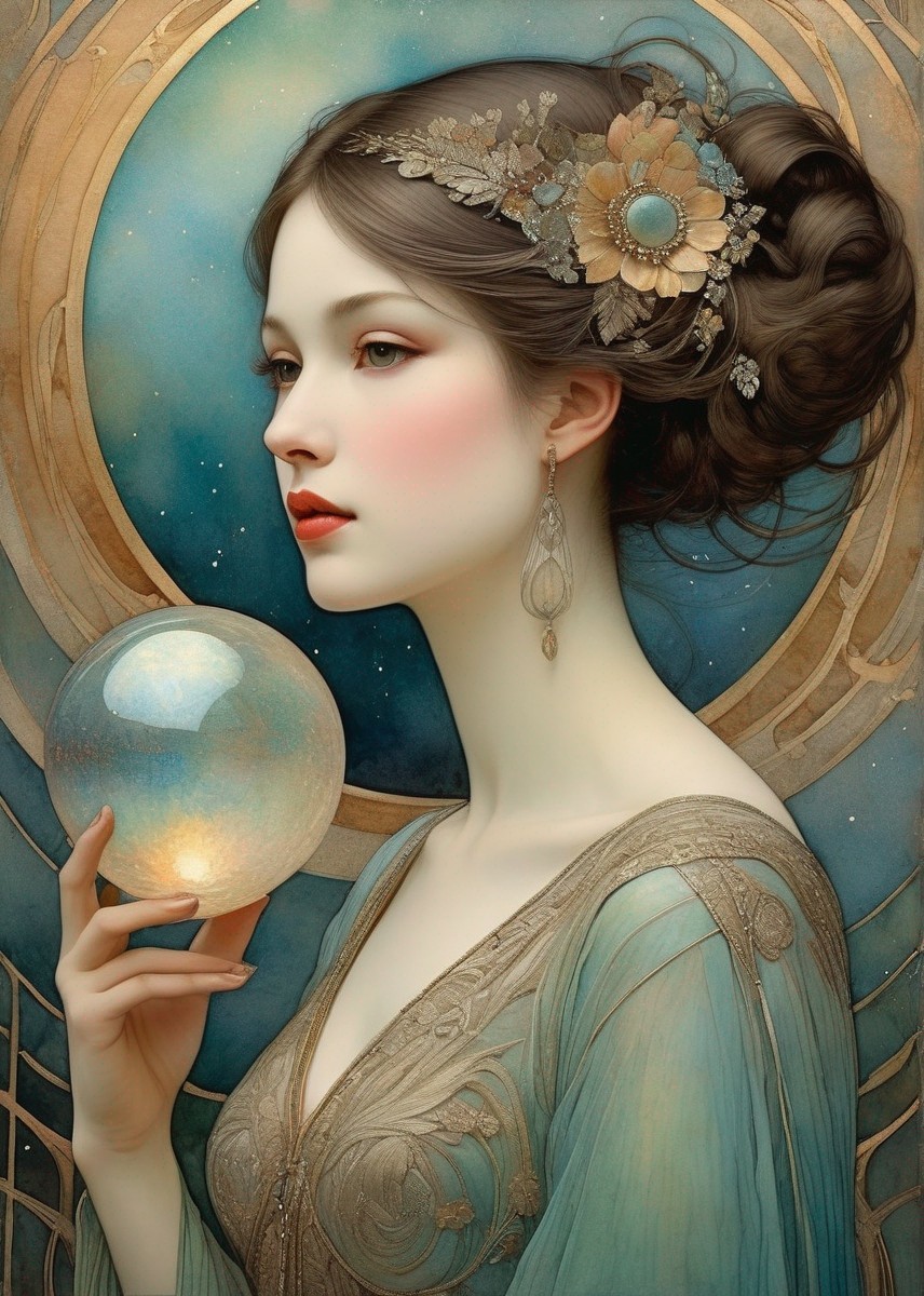 Illustrated woman with intricate hairpiece holding glowing orb in art nouveau style.