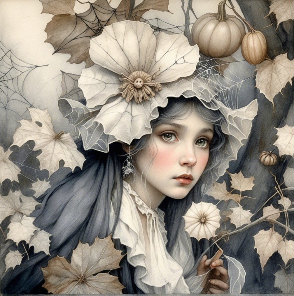 Young Woman in Hat Surrounded by Autumn Leaves
