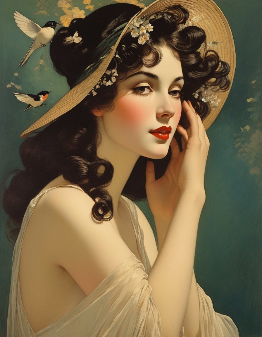 Woman with Dark Curls in Floral Straw Hat