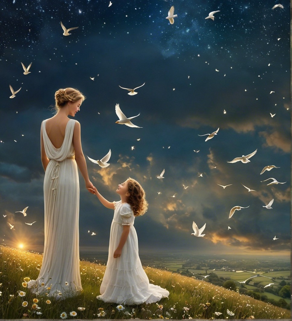 Woman and girl in white dresses in serene landscape
