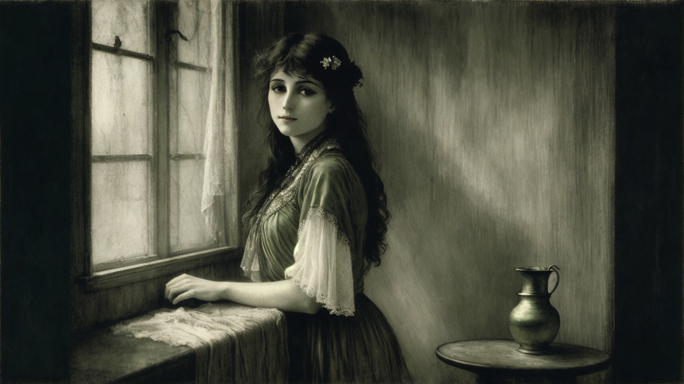 Young Woman in Flowing Dress Gazing Out a Window