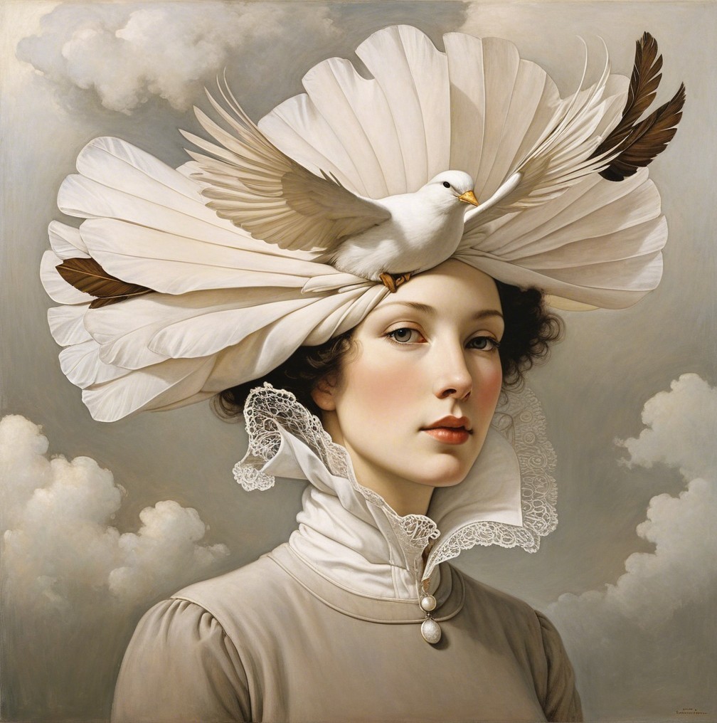 Serene Portrait of a Woman with Dove and Elegant Hat