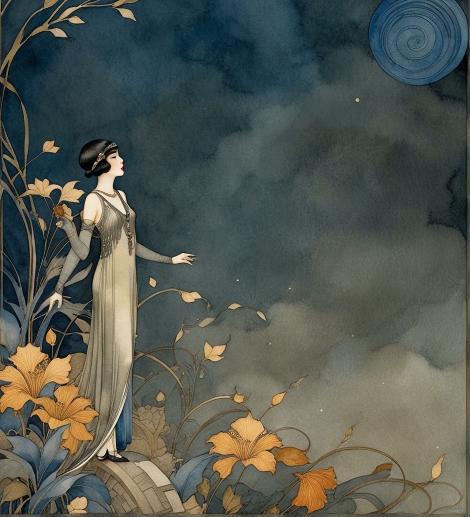 Art Deco Woman in Flowing Dress Surrounded by Flowers